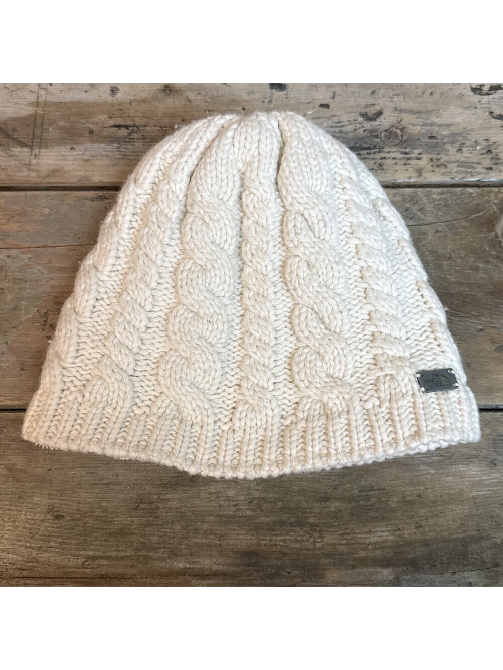 The North Face Beanie Hat Womens One Size Cream Cable Knit Thick Warm